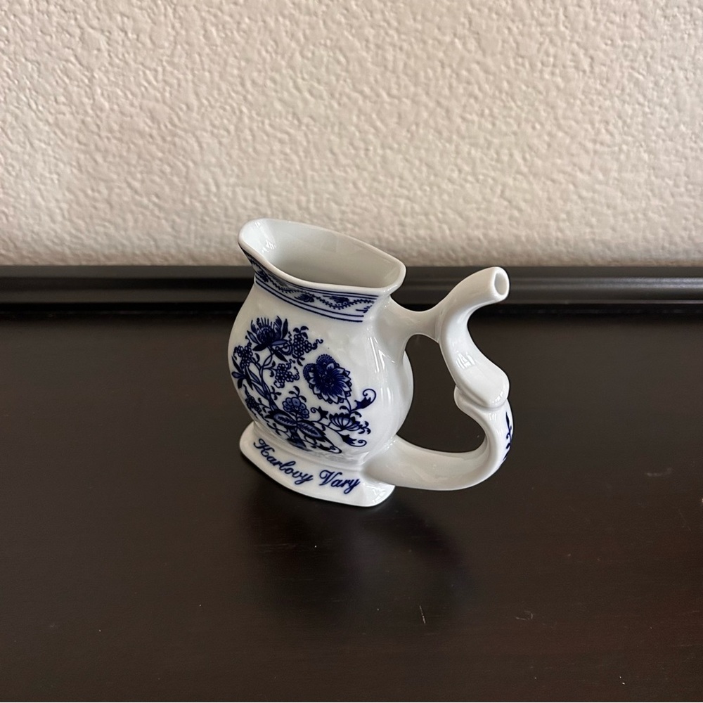 Vintage Karlovy Vary Porcelain Spa Sipping Cup Blue White hand made (c.1990)